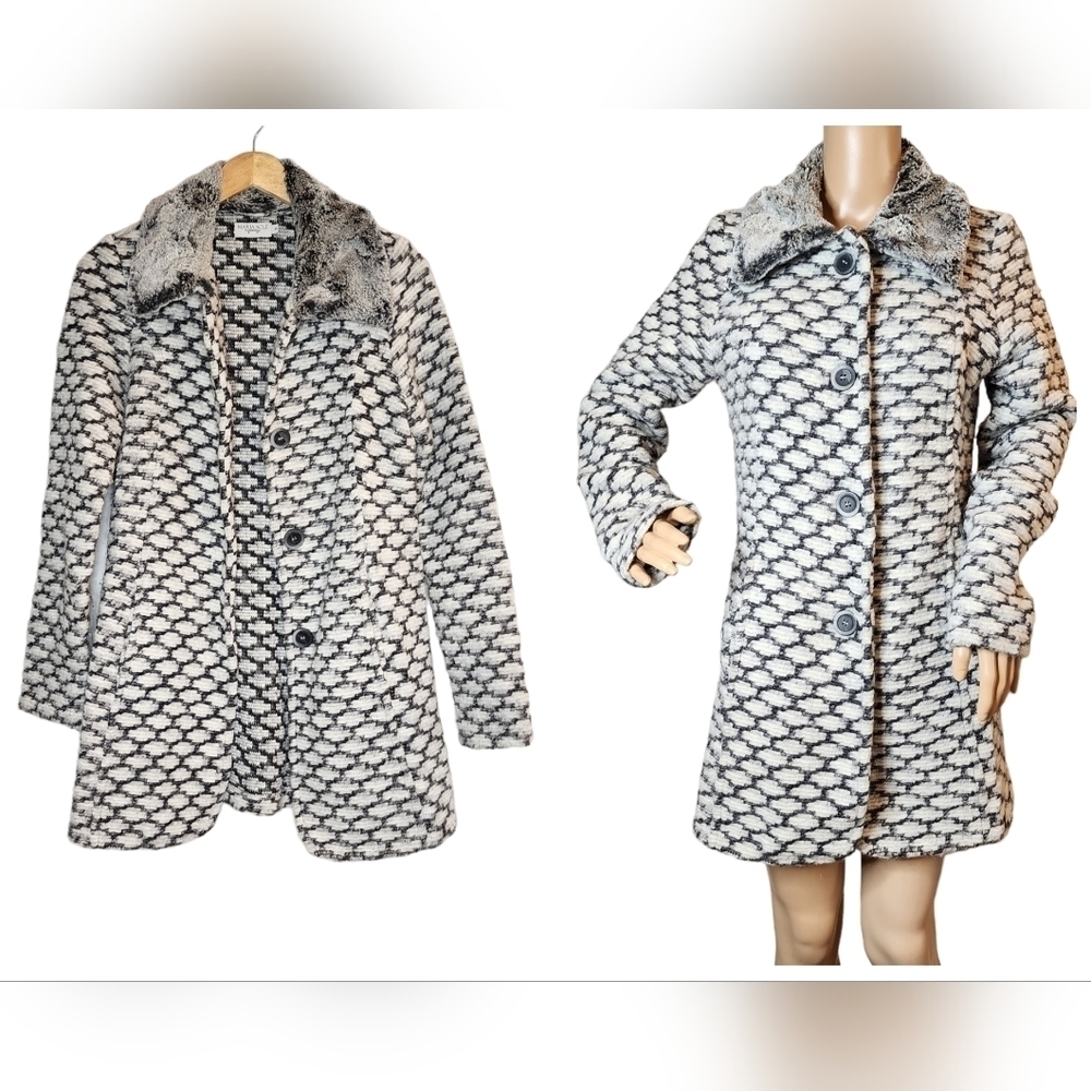 Maria Sole Italy Wool Mohair Blend Grey Jacket Faux Fur Collar‎ Pockets Small